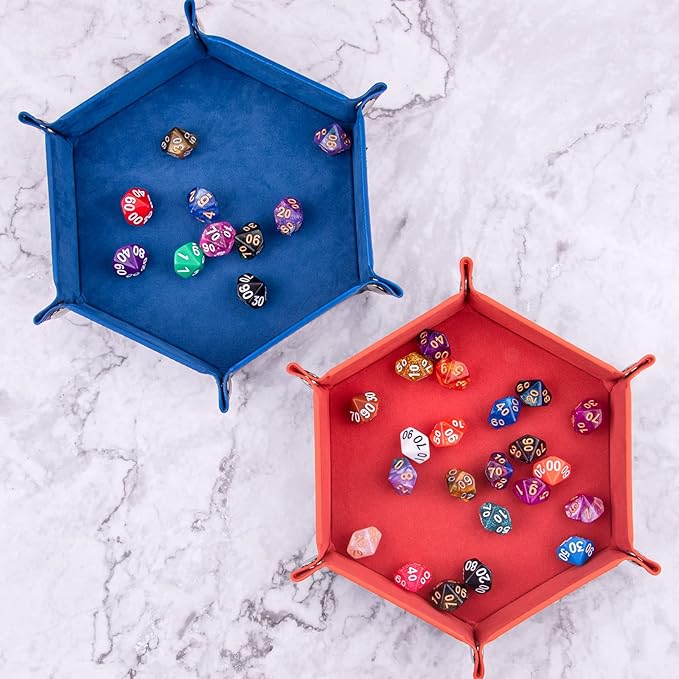 SIQUK 2-Piece Dice Tray - PU Leather Folding Hexagon Dice Holder for RPG, DND & Other Table Games (Royal Blue, Orange)