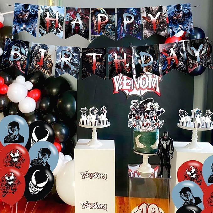 𝓥𝓮𝓷𝓸𝓶 3 Party Decorations,𝓥𝓮𝓷𝓸𝓶 3 Birthday Party Supplies Includes Banner - Cake Topper - 12 Cupcake Toppers - 18 Balloons
