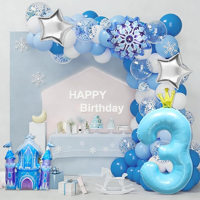7Pcs 3rd Birthday Party Decorations Balloons,Winter Snowflake Balloons Large Blue 40 Inch Number 3 Balloon Foil Star Castle Ballon for Birthday Party Favor Decor Supplies Winter Wonderland Decoration