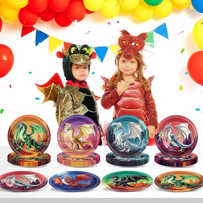 60pcs Dragon Birthday Party Paper Plates for Dragons Knight Party Decorations 7in Fantasy Dinosaur Disposable Dessert Plates for Baby Shower Boys Birthday Dragon Themed Parties Supplies