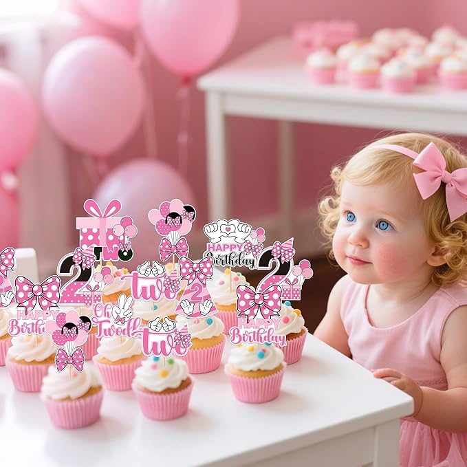 Oh Twodles Cupcake Toppers - 24 Pcs Pink and White Cartoon Mouse Bow Dots Cake Cupcakes Dessert Topper Decor Set 2nd Birthday Party Decorations Supplies Favors for Two Years Old Kids Girls