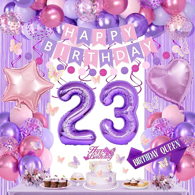 23rd Purple Birthday Decorations for Women, Pink and Purple Happy 23 Birthday Party Decorations with Happy Birthday Banner, Number Foil Balloons, Butterfly Cake Topper for 23rd Party Supplies