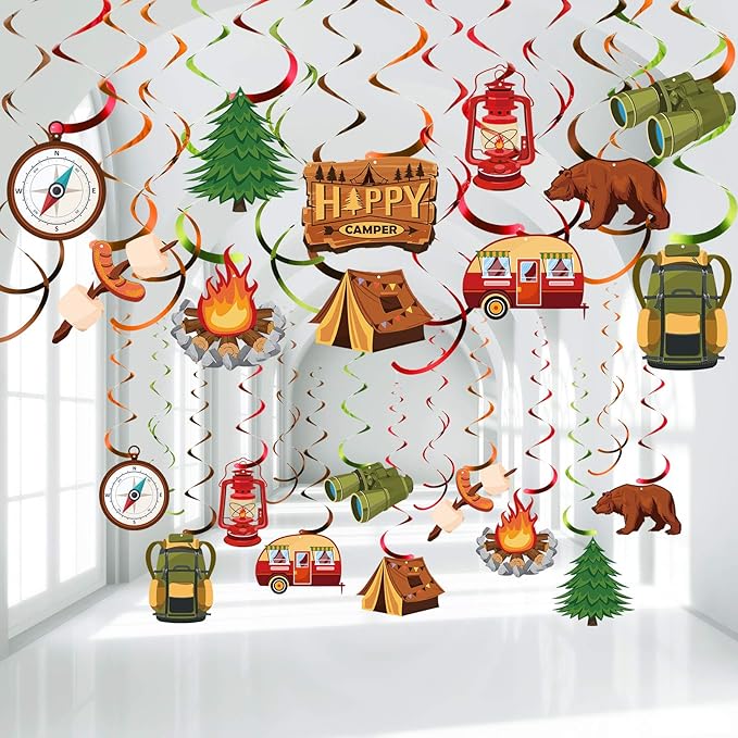 Sumind 30 Pcs Camping Birthday Decorations One Happy Camper Birthday Party Supplies Hanging Swirls Foil Ceiling Streamers Camping Theme Party Decor for Adventure Bears Sign Room Wall Indoor Outdoor