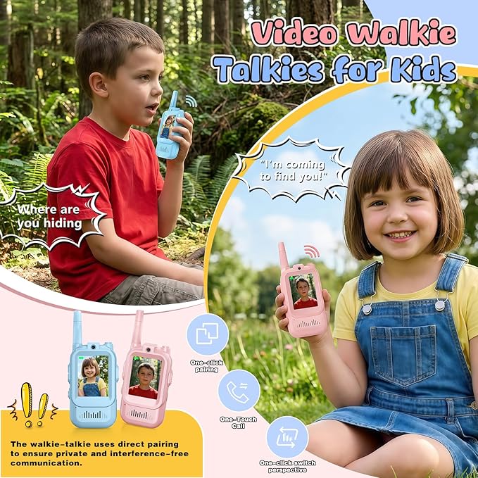 Video Walkie Talkies for Kids,with Long-Distance Transmission and High-Definition Display,Suitable As Gifts for Boys and Girls Aged 3-12,Perfect for Family Games (Pink + Blue)