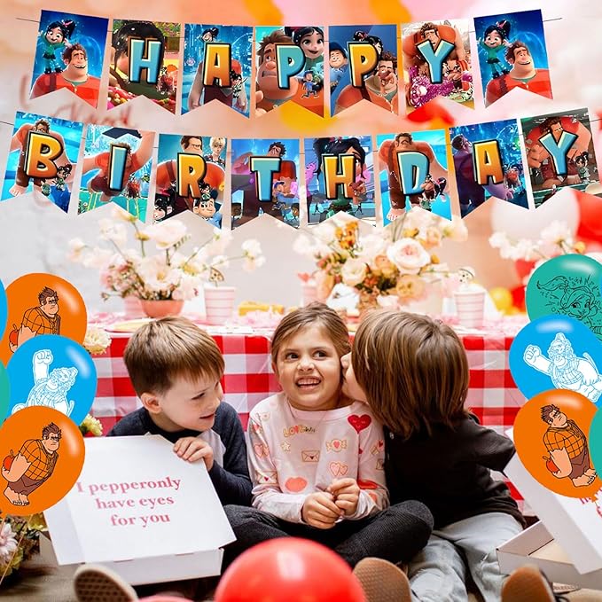 Wreck It Party Decorations,Ralph Birthday Party Supplies Includes Banner - Cake Topper - 12 Cupcake Toppers - 18 Balloons