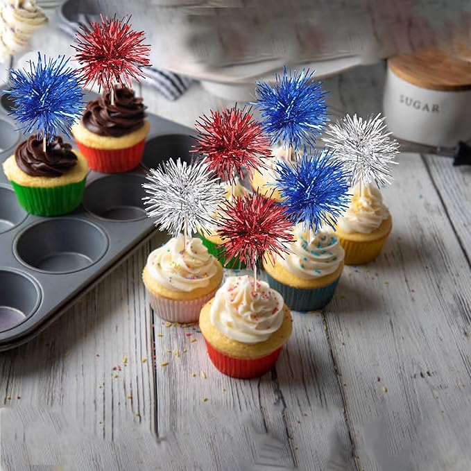 30 PCS Foil Firework Cupcake Toppers Sparkle Tinsel Cupcakae Picks 4th of July Decorations Cocktail Fruit Toothpick for Fireworks Theme Birthday Wedding Graduation Party Decor Supplies Blue Red Silver