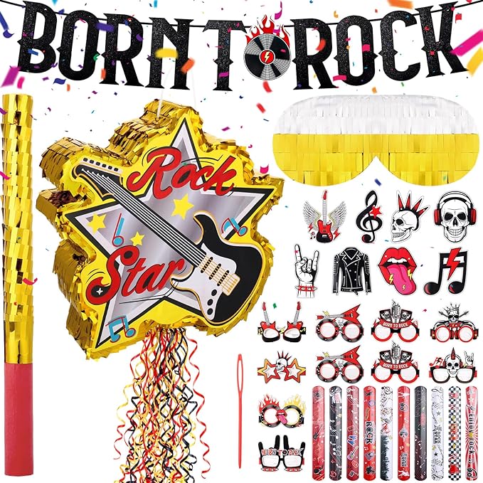 26Pcs Rock and Roll Guitar Piñata Party Set with Blindfold Banners Glasses Snap Bracelets for Music Theme Celebrations