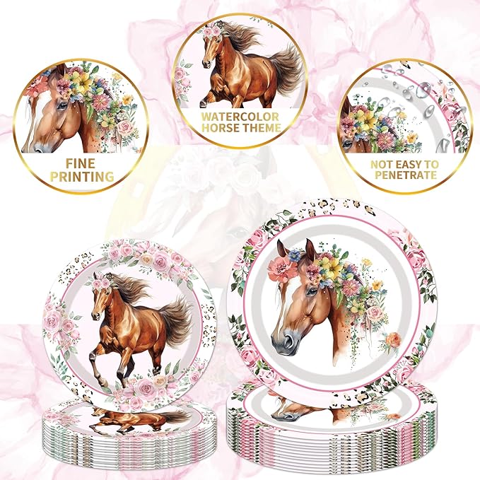 Horse Birthday Party Supplies Tableware - 96 Pcs Cowgirl Birthday Party Decorations, Horse Themed Party Paper Plates and Napkins Sets with Forks, Western Baby Shower Disposable Dinnerware, Serves 24
