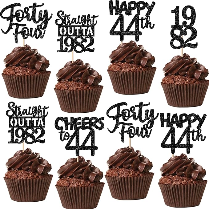 30PCS Black 44th Birthday Cupcake Toppers Glitter Forty Four Happy 44th Straight Outta 1982 Cupcake Picks for Cheers to 44 Years Birthday Wedding Anniversary Party Cake Decorations Supplies