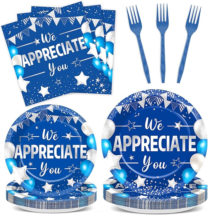96pcs Blue Silver We Appreciate You Plates and Napkins Set for Thanksgiving Party Decorations Thank You Dinnerware Tableware for 24 Guests Employee Teacher Graduate Pastor Appreciation Party Supplies