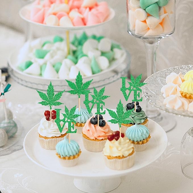 Ercadio 24 Pcs Green Glitter Marijuana Cupcake Topper Have a Dope Love Theme Decor Supplies Man Woman Happy Birthday Party Decorations Supplies