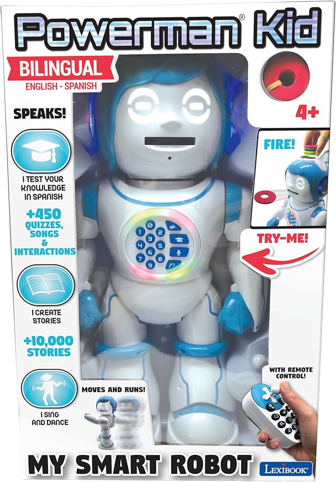 LEXiBOOK Powerman Kid- Educational and Bilingual English/Spanish Robot - Walking Talking Dancing Toy - STEM Programmable Creating Stories - Quizzes Shooting Discs- ROB90EN