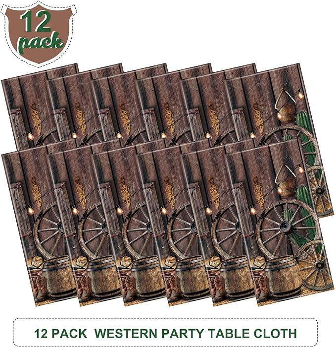 Tiamon 12 Pcs Western Party Tablecloth Western Cowboy Party Table Cover Cowboy Theme Plastic Tablecloth Wild West Wooden House Table Cover for Birthday Supplies