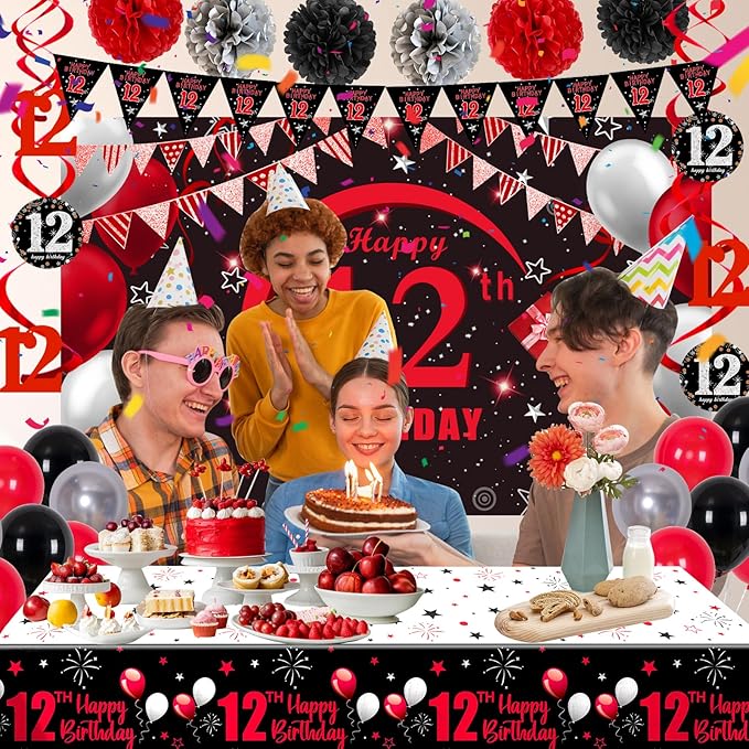 12th Birthday Decorations for Boys Girls, Red Black Happy 12th Birthday Decorations, 12 Birthday Backdrop Banner Tablecloth Triangle Flag Balloons, 12 Year Old Boy Girl Bday Party Supplies