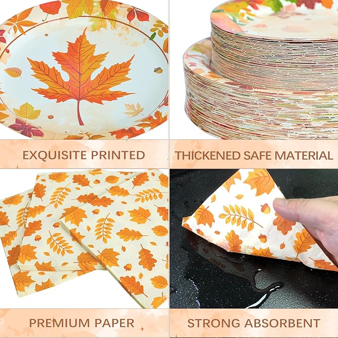 180Pcs Thanksgiving Paper Plates and Napkins Sets,Fall Plates and Napkins Disposable Fall Party Supplies for Thanksgiving Autumn Harvest Table Decor, 60 Guests