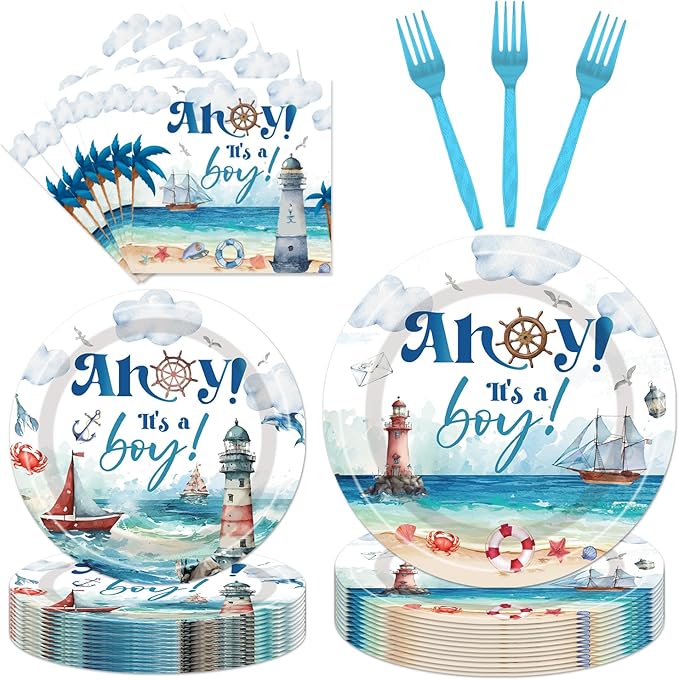 Ahoy Its a Boy Baby Shower - Nautical Themed Plates and Napkins Party Supplies Ahoy Nautical Boy Baby Shower Party Decorations Paper Disposable Tableware Set Serve 24 Guests