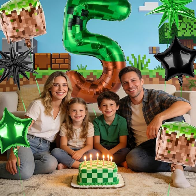 40 Inch Green Pixel Miner Number 5 Balloon Set, 7Pcs MIning large Foil Balloon Video Game Themed Party Party Decorations for Kids' Anniversary Balloon Party Supplies Supplies