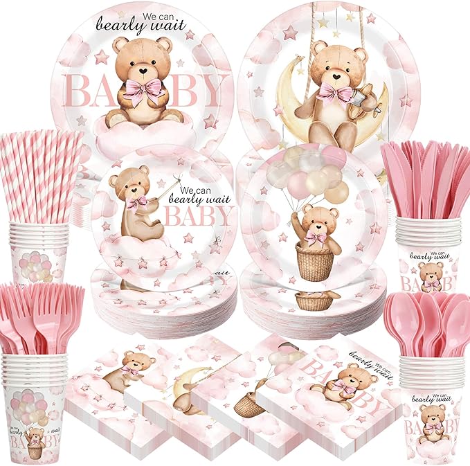 450 Pcs Pink Bear Baby Shower Tableware Set Decorations We Can Bearly Wait Paper Plates Napkins Cups Cutlery Straws for Pink Baby Shower Gender Reveal Birthday Party Supplies, Serves 50