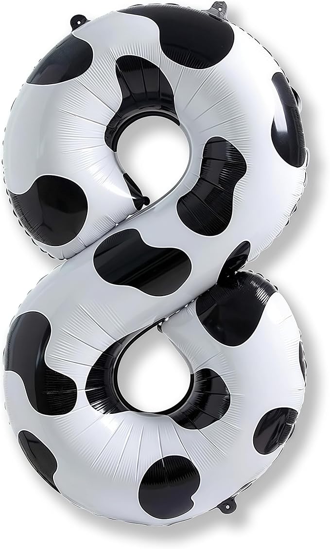 40 Inch Cow Print Number 8 Balloons, Large Foil 8th Birthday Balloon Decorations for Girls, Self Inflating Number 8 for Boys Birthday Party Farm Animal Theme Cowboy Cowgirl Theme Party Decor Supplies