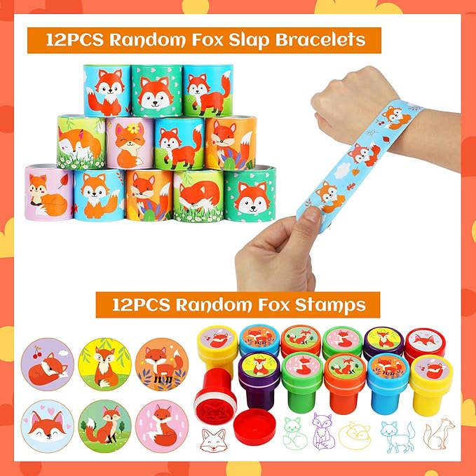 Fox Party Favors, 132PCS Fox Themed Birthday Party Supplies, Fox Gifts Goodie Bag Stuffers Stickers Stamps Toys Pinata Prizes for Jungle Safari Party Woodland Creatures Fox Birthday Party Decorations