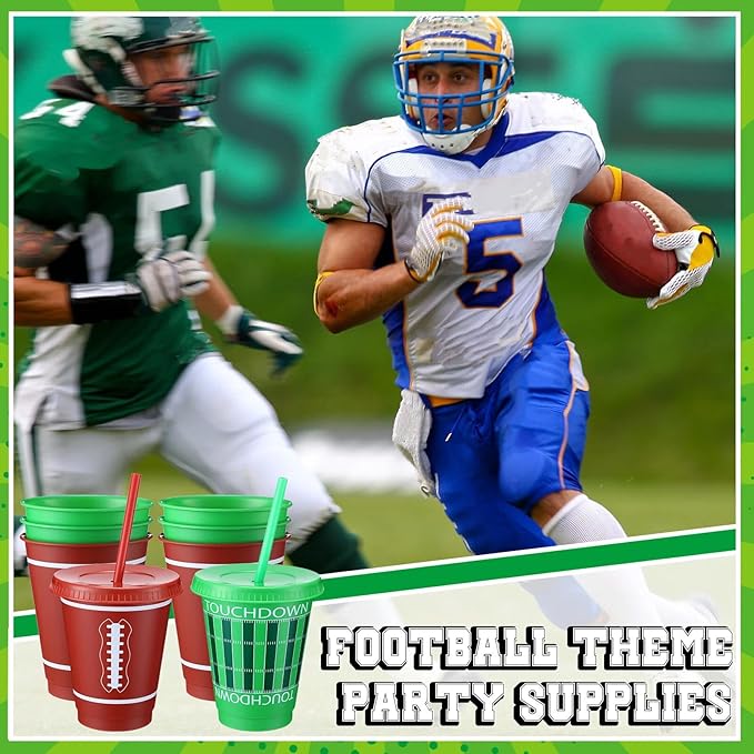 Sieral 30 Pcs Football Cups with Straws and Lids 16 oz Football Cups Brown Green Plastic Tumblers Reusable Iced Coffee Travel Mug for Sport Theme Party Supplies Decorations