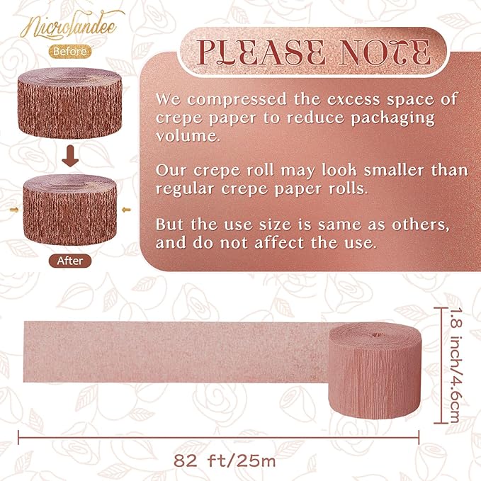 NICROLANDEE Wedding Party Supplies - 8 Rolls Rose Gold Crepe Paper Streamers Tassels Streamer Paper for Wedding Valentine's Day Birthday Baby Bridal Shower Family Gathering Decorations, 82ft Long