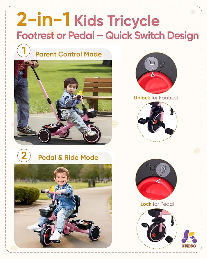 KRIDDO 2-in-1 Tricycle for Toddlers 1.5-5 Years, Push Tricycle with Parent Steering Detachable Handle, 9-Stage Adjustable Handlebar, Toddler Trike with Safety Belt, Clutch Pedals & Dual Basket, Pink