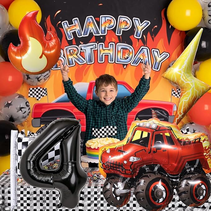 Truck Number 4 Balloons, Huge Truck Flags Lightning Flame Stars Aluminum Foil Balloons for 4th Birthday, Race Car Theme Party Decorations Supplies