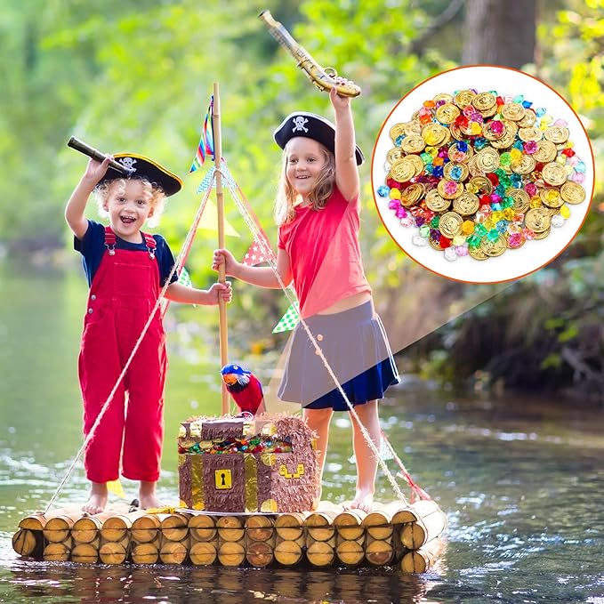 Skylety Pirate Party Decoration Favors 100 Pieces Fake Pirate Treasure and 100 Pieces Gold Coins Toy Gem Jewelry Treasure Chocolate Gold Coins for Halloween Adventure Themed Event Party Supplies