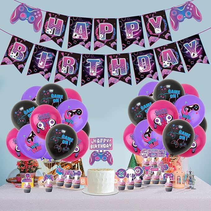 Video Game Birthday Party Decoration Set, Purple Game Birthday Party Supplies, Includes Banner Balloon Cake Decoration