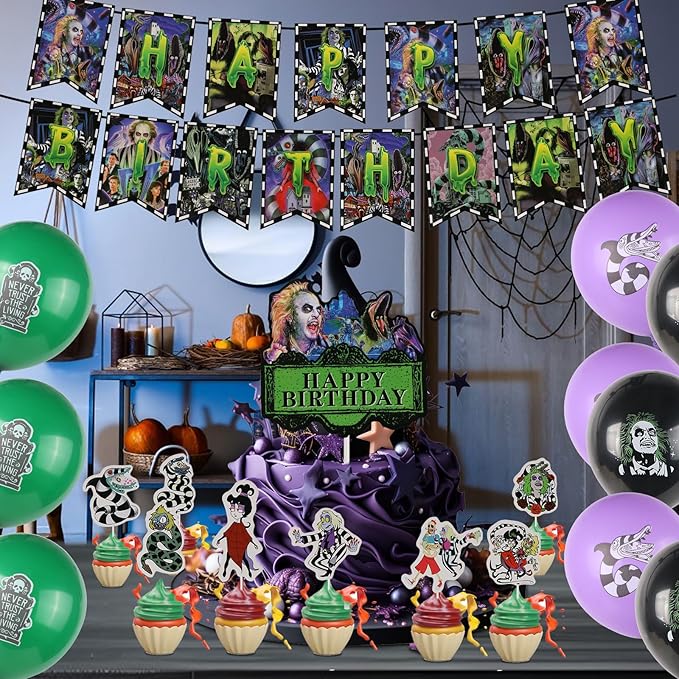 Horror Birthday Party Decorations, Halloween Birthday Party Supplies Decorations Set Include Banner, Balloons, Cake Toppers and Cupcake Toppers for Home Classroom Decor