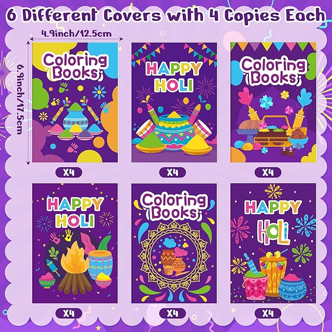 Holi Coloring Books for Kids 24Pcs Bulk Happy Holi Mini Coloring Booklet DIY Art Drawing Book for Toddlers Indian Festival Holiday Party Goodie Bags Stuffers Sunday School Classroom Favor