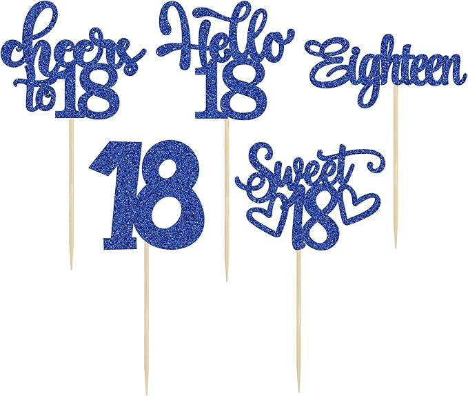 30Pcs18th Birthday Cupcake Toppers Eighteen Happy 18th Cupcake Picks Sweet 18 Cheers to 18 Cake Decorations for 18th Birthday Anniversary Party Supplies Deep Blue Glitter