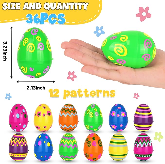 36 Pack Plastic Printed Easter Eggs, 3.15'' Tall Fillable Empty Eggs Bulks for Easter Eggs Hunt, Easter Basket Stuffers Fillers, Classroom Prize Supplies, Filling Treats and Party Favors