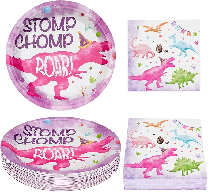 WERNNSAI 100 PCS Dinosaur Plates and Napkins - Dinosaur Birthday Party Supplies Dino Paper Plates Napkins Disposable Dino Them Party Decorations for Girls Kids Birthday Baby Shower Serves 50 Guests
