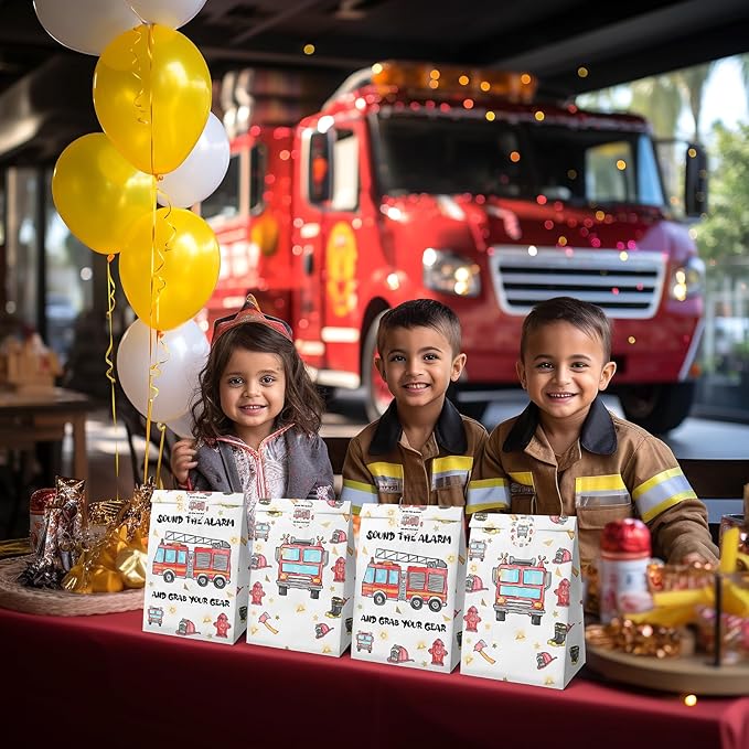 Watercolor Firetruck Party Favor Bags - 24 Pcs Firetruck Party Candy Bags with Stickers - Firetruck Goodie Gift Treat Bags - Watercolor Firetruck Themed Birthday Party Supplies