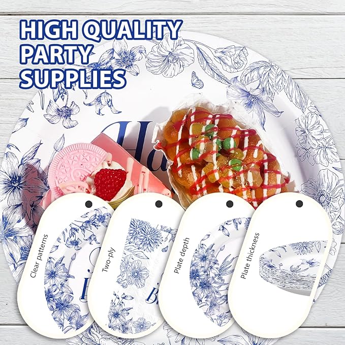 96 Pcs Blue and White Floral Party Supplies Chinoiserie Birthday Plates and Napkins Disposable Elegant Blue Floral Tableware Set for Birthday Baby Shower Party Decorations, Serves 24