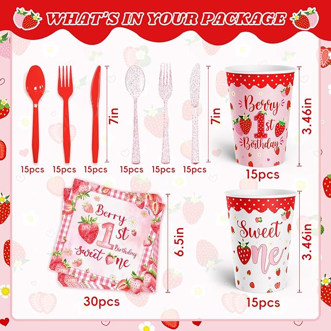 212ps Berry First Birthday Decor Strawberry 1st Birthday Paper Plates Cups Napkins Tablecloth Forks Tableware Berry 1st Bday Party Supplies Sweet One Girls Strawberry Baby Shower Decorations Serve 30