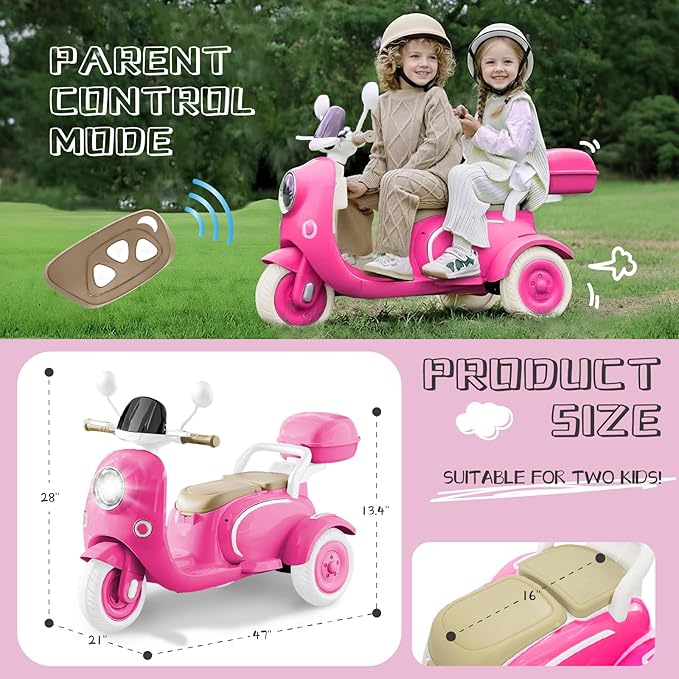 HEIMILI 12V Kids Electric Motorcycle for Girls, 3 Wheel Ride On Motorcycle for Kids 3-5 Years, Mini Battery Powered Motorbike with Bluetooth & MP3, Toddler Electric Ride On Toy, Rose