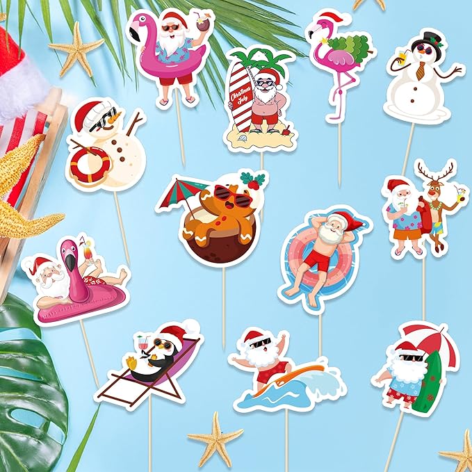 24Pcs Summer Christmas Cupcake Toppers, Santa Beach Cupcake Toppers for Xmas in July Decorations, Paper Summer July Christmas Cake Picks Flamingo Cake Topper Beach Pool Party Theme