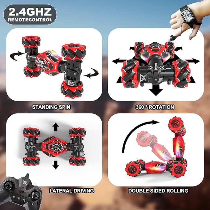 Gesture RC Car Red,1:24 High Speed 4WD Transform Stunt Car with Gesture & Remote Control, 360° Rotation Drift Vehicle with LED Lights Music, Racing Toy Cars Gift for Boys Girls Age 6-12