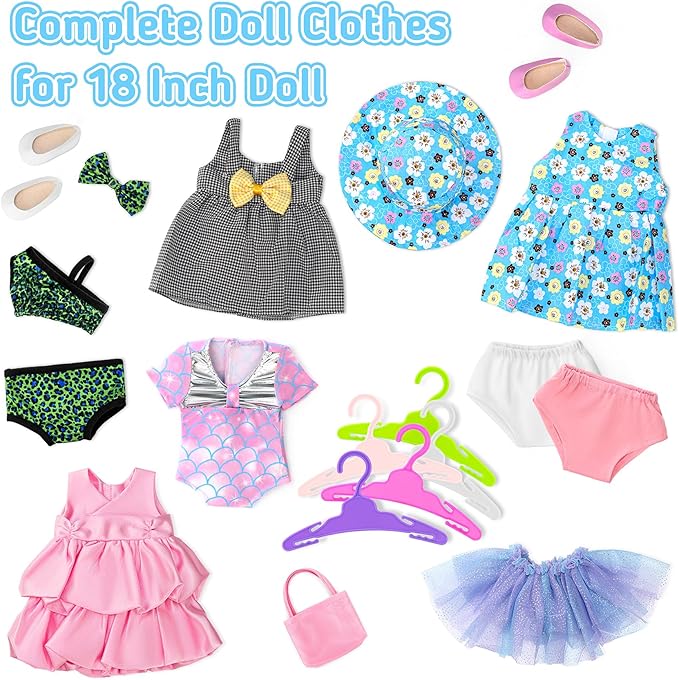 18 inch Doll Clothes and Accessories for American 18 Inch Dolls Girl Clothing Gift, 18Pcs Complete Set Clothing with Outfits, Dress, Shoes, Swimsuit, Underwear, Hat, Handbag, Clothes Hangers