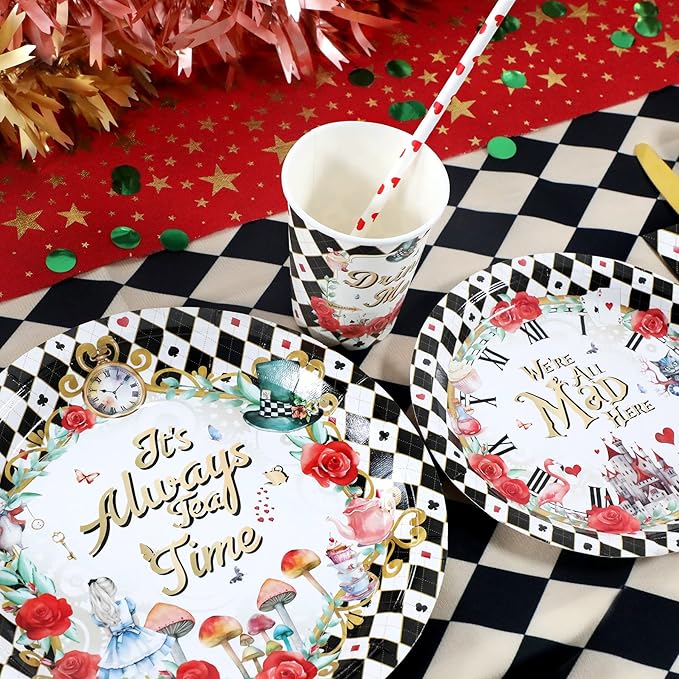 Alice Tea Party Decorations - Baby Shower Paper Plates, Napkins, Cups & Straws for 24 Guests, 120 Pcs Disposable Party Dessert Dinnerware