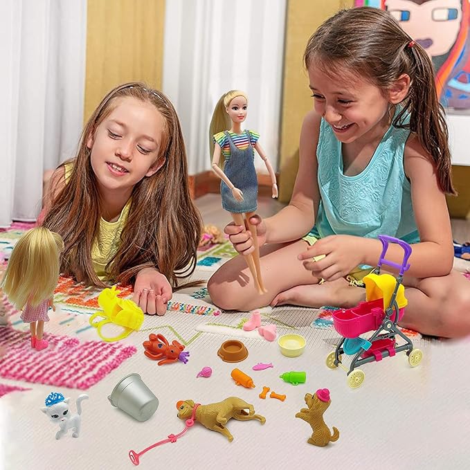 Dolls & Accessories Playset with Doll Transforming Stroller Dog Pet for Girls Ages 3-5-7-12 Birthday Gifts