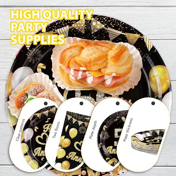 96Pcs 50th Anniversary Decorations Black Gold 50th Wedding Anniversary Plates and Napkins Tableware for 50 Year Anniversaries Decorations Serve 24