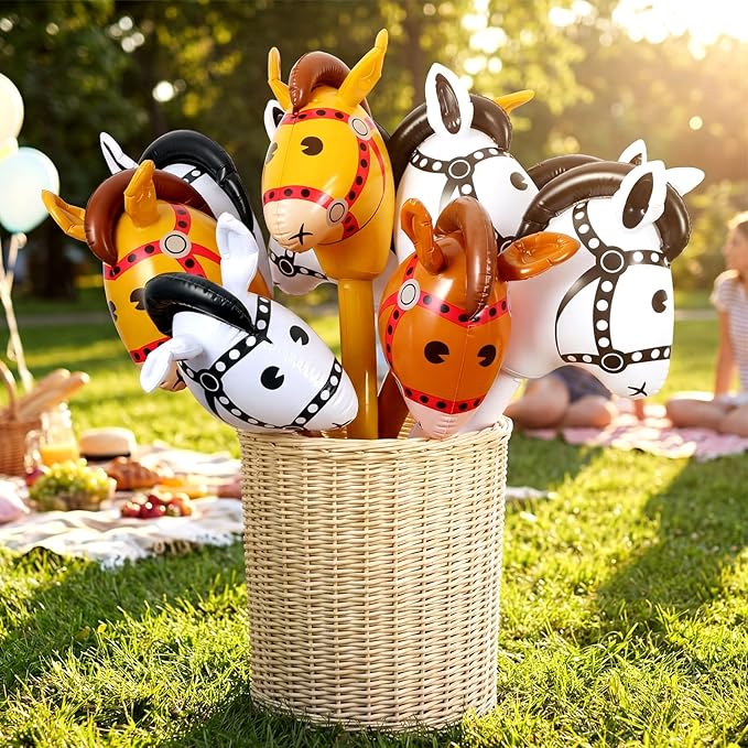 Chivao 12 Pieces Inflatable Stick Horse Cute Horse Head Stick Blow up Balloon Colorful Cowboy Cowgirl Party Decorations for Themed Birthday Party (White, Yellow, Brown, Black)