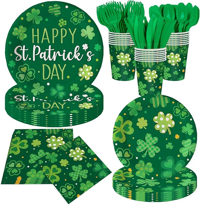 140Pcs Happy St. Patrick's Day Party Supplies Clover Plates and Napkins St. Patrick's Day Party Decorations Green Paper Plates Irish Festival Dinner Plates, Serve for 20 Guest
