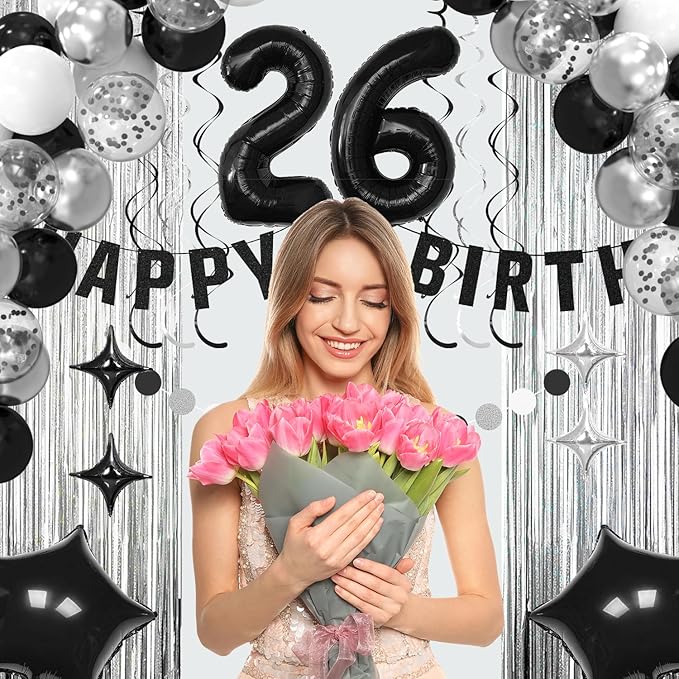 26th Birthday Decorations for Boys Girls, Silvery and Black Happy 26th Birthday Banner,Number 26 Balloons Arch Kit for 26 year old Birthday Party Decorations