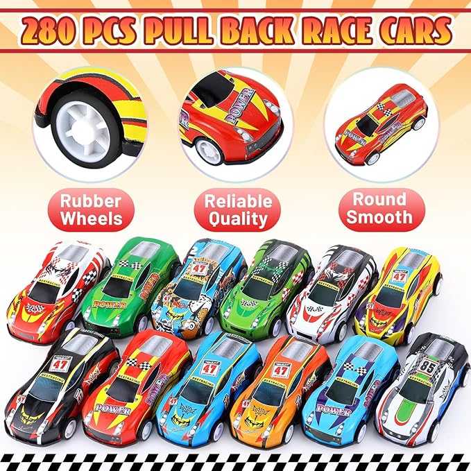 DERTE 280 Pcs Pull Back Cars for Kids Mini Car Toys Bulk Metal Race Vehicles Party Favors Goodie Bag Stuffers Classroom Prizes for Boys Girls Toddlers