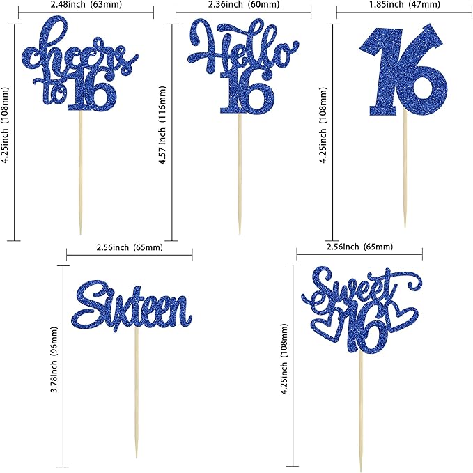 30pcs 16th Birthday Cupcake Toppers - Sixteen Happy 16th Cupcake Picks - Cheers to Sweet 16 Cake Decorations - Deep Blue Glitter